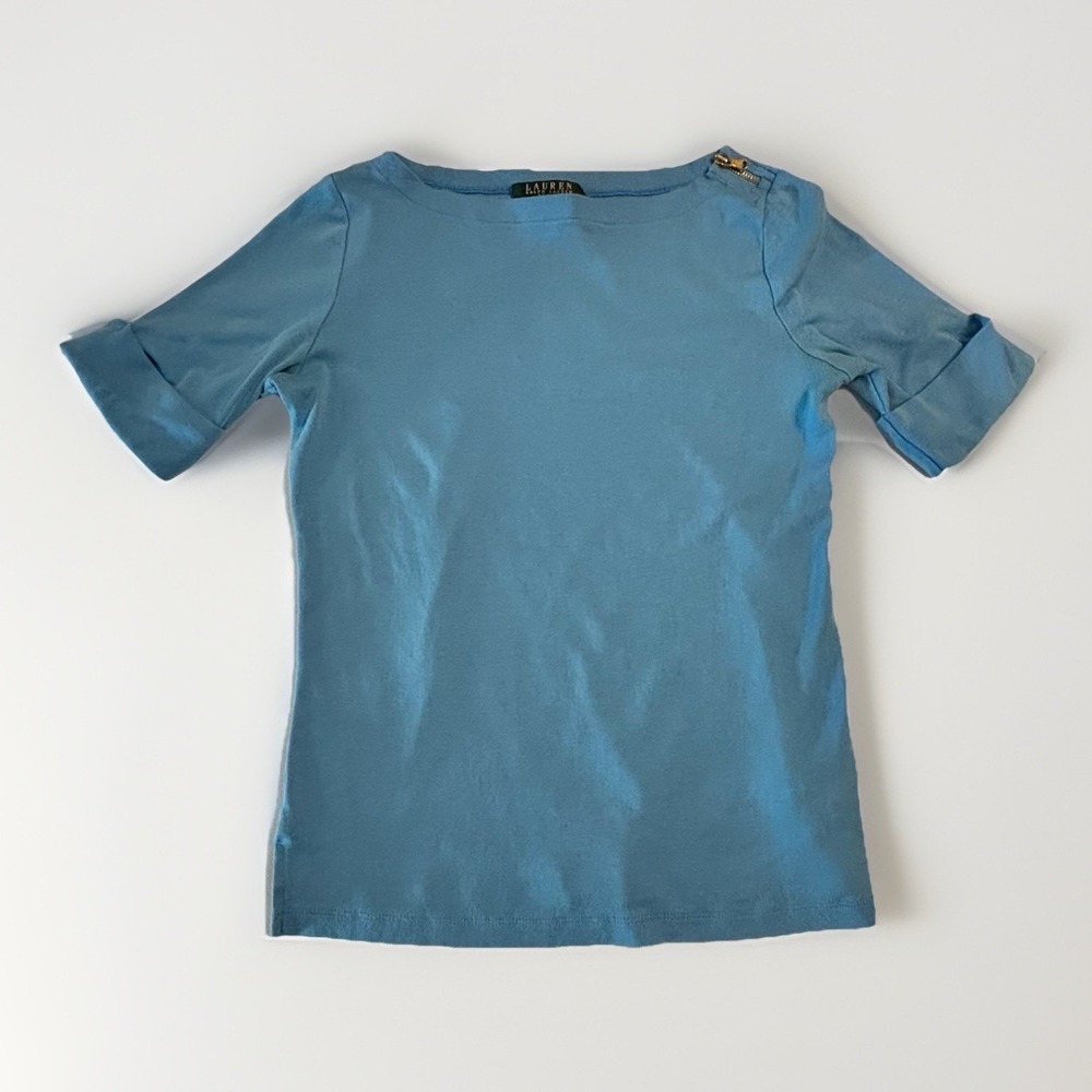 Lauren Ralph Lauren Petite Shirt cropped‎ sleeve zipper accent blue womens PM